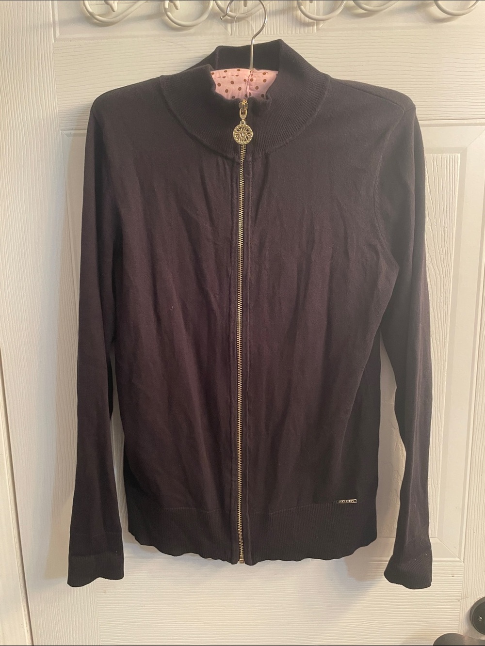 Anne Klein Black Zip-Front Lightweight Jacket with Gold Hardware